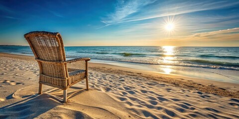 A solitary wicker chair sits on a sandy beach, facing the ocean with a warm, golden sunset casting a soft glow over the water