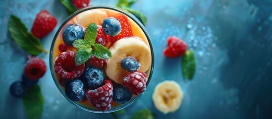 Fototapeta premium Close-up of a fruit salad with banana, strawberries, raspberries, blueberries, and mint leaves in a glass bowl on a blue background.