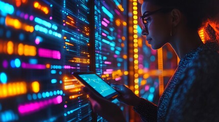 A female IT engineer conducts a system health check in a data center during the evening hours