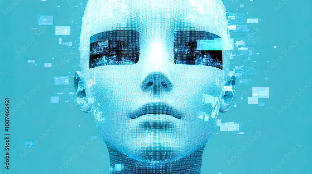Poster a futuristic ai face with blocky features and holographic elements, showcasing abstract digital tech