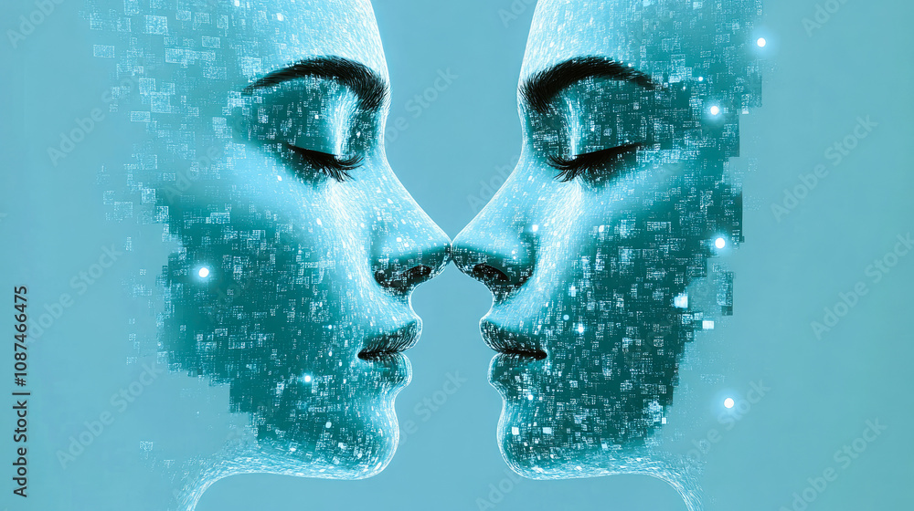 Poster mirrored digital faces facing each other with data flow patterns, representing technological interac