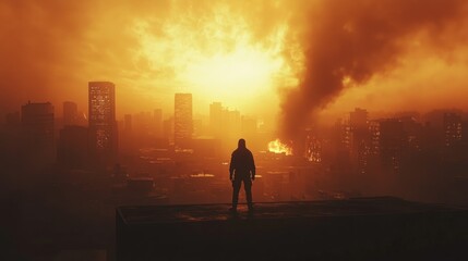 Fototapeta premium Determined Survivor Standing on Rooftop Amid Alien Destruction, Cinematic Light