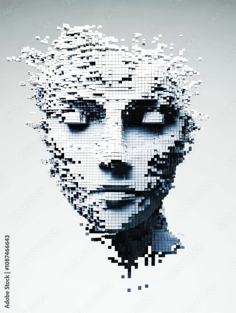 Poster a fragmented face composed of digital pixels, symbolizing the interconnectedness of technology and i
