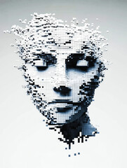 A fragmented face composed of digital pixels, symbolizing the interconnectedness of technology and identity in the modern age.