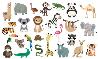 Wild jungle animals. African zebra, leopard, elephant, tiger, koala, lion. Hand drawn safari animals set.