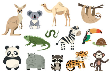 Obraz premium Wild animals. African zebra, leopard, koala, camel, sloth, iguana, kangaroo. Hand drawn safari animals set.