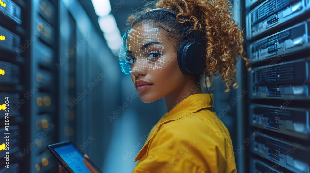 Poster a woman explores interactive augmented reality using a tablet in a high-tech server room setting