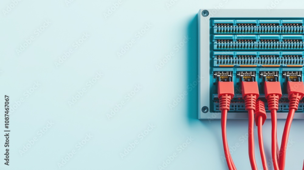 Poster support technical network switch with red cables on a blue background.