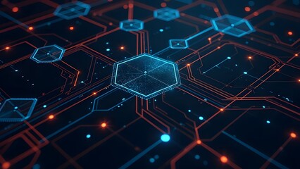 Futuristic network visualization with hexagonal shapes and glowing connections symbolizing data flow
