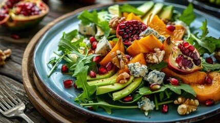 Harvest Salad. Rustic Autumn Plate with Persimmon, Pomegranate, Blue Cheese and Walnut
