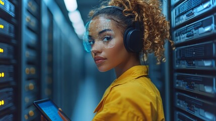 A woman explores interactive augmented reality using a tablet in a high-tech server room setting