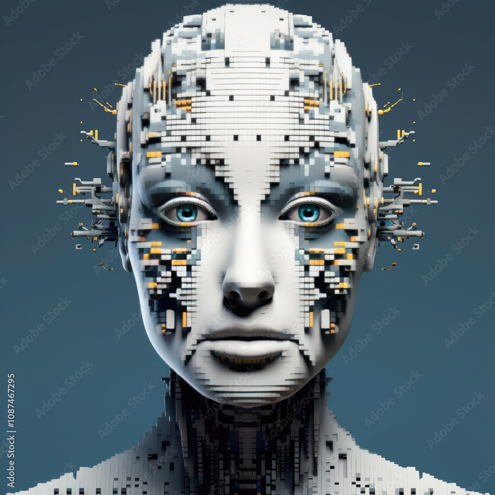 Poster an expressive digital face crafted with geometric patterns, exploring the relationship between form 