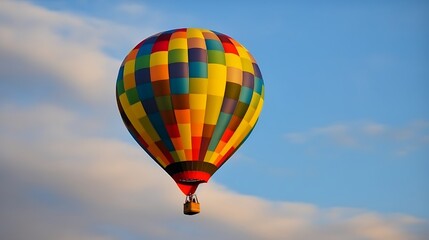 Naklejka premium Colorful Hot Air Balloon Soaring Through A Blue Sky