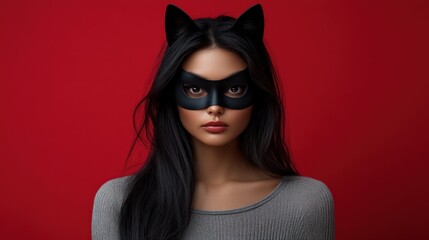 Mystical Cat-inspired Portrait with Bold Red Background