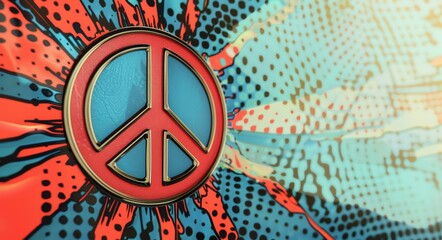 A peace sign is shown in a colorful, abstract background. The peace sign is surrounded by a red and blue circle, and the background is filled with dots and splashes of color. Scene is one of peace