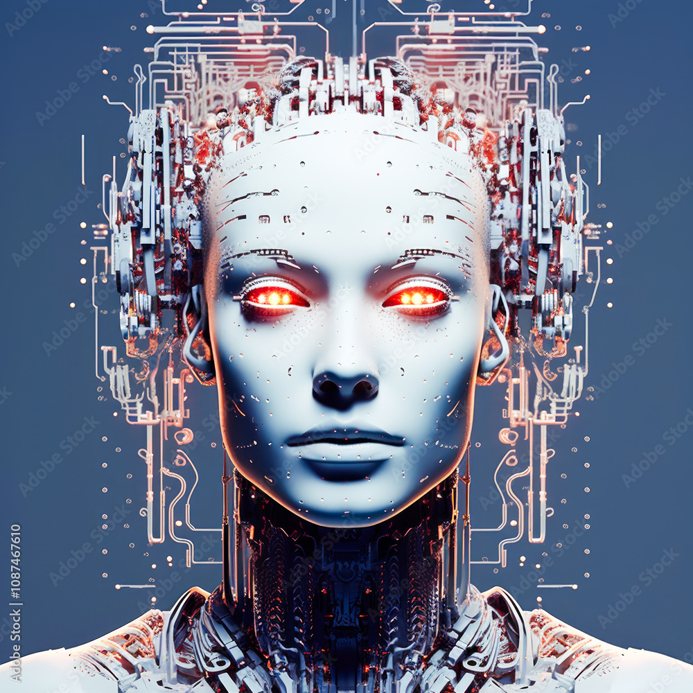 Poster a digital entity with glowing eyes, blending futuristic and cybernetic elements, representing artifi