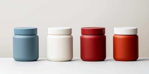shopping and logistics concept. A minimalist display of four colored jars: blue, white, red, and orange, arranged neatly against a light background.