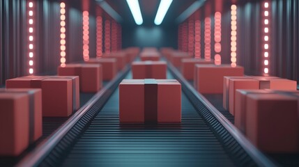 shopping and logistics concept. A futuristic conveyor belt system transporting red boxes under bright lights in a warehouse setting.