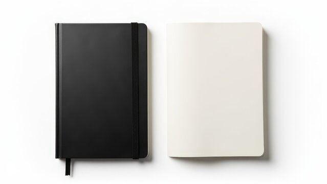 The moleskin style notebook mockup highlights the open blank pages and the classic elastic band closure of this premium notebook.