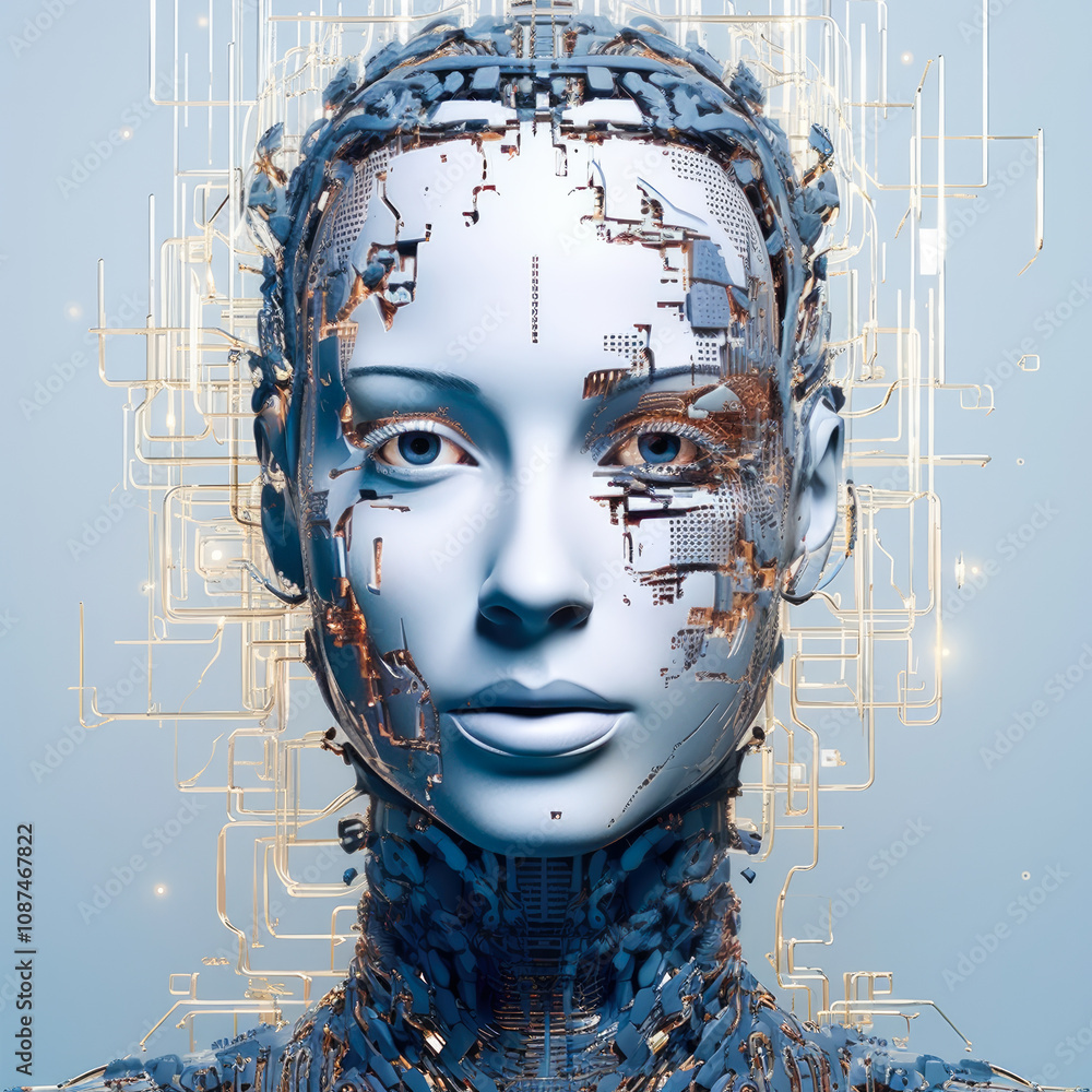 Poster a digital woman's face merged with circuitry, symbolizing the integration of human and machine in mo
