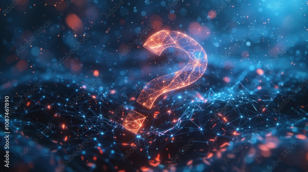 Poster a glowing question mark made of connected lines and dots on a dark background with blue and red acce