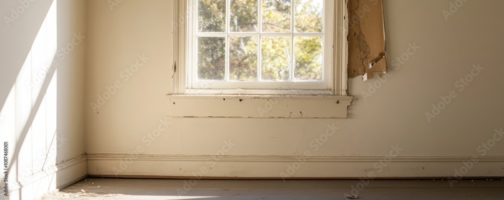 Poster a sunlit, empty room featuring a window with peeling paint, illuminating the space with natural ligh