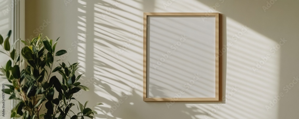 Poster a minimalist room featuring a blank frame with shadows cast by sunlight and a leafy plant, creating 