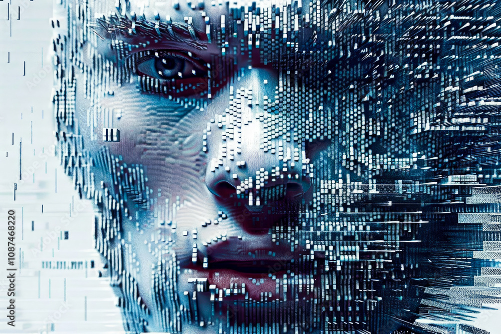 Poster an abstract representation of a male face interwoven with digital pixels and shapes, exploring theme