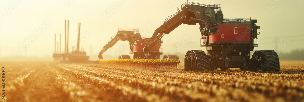 Poster automated agricultural machines operate on a farm at sunset, planting and harvesting fields with adv