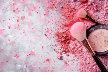 Makeup Card. White Make-up Brush with Powder and Blush on Reddening Background
