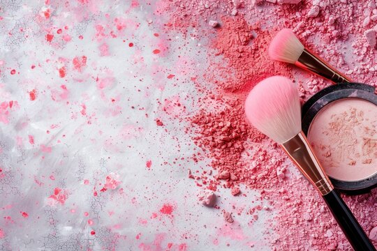 Makeup Card. White Make-up Brush with Powder and Blush on Reddening Background