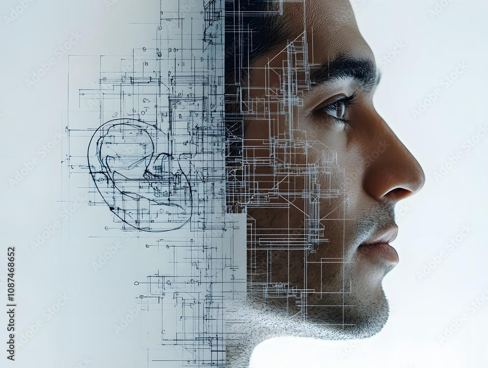 Poster Profile of a Young Man Merging with Technical Schematics and Sound Waves Illustrating Connection Between Human Anatomy and Technology