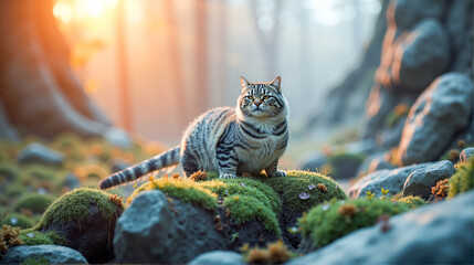 A tabby cat explores a misty forest clearing with soft sunlight filtering through the trees during early morning