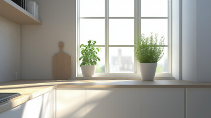 A sleek Scandinavian kitchen with matte white cabinets