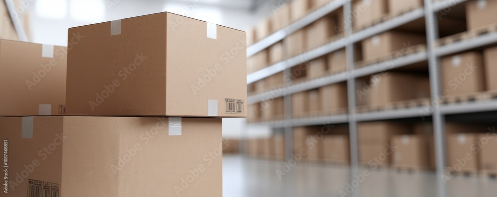 Poster a stack of cardboard boxes in a warehouse setting, showcasing organized storage with shelves lined w