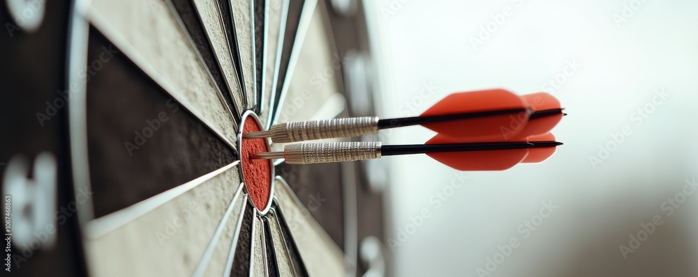 Poster a close-up of a dartboard with two darts closely hitting the bullseye, showcasing precision and focu