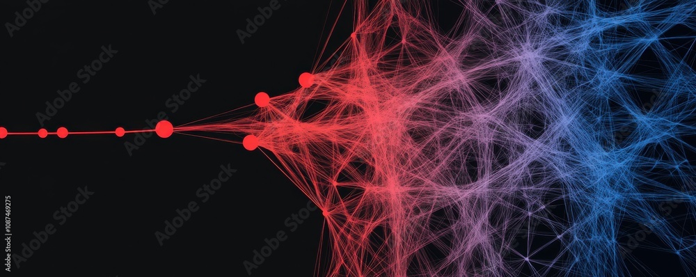 Poster a vibrant visualization of interconnected neural networks, showcasing a blend of red and blue elemen