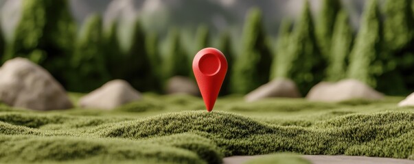 A vibrant 3D rendering of a red location pin set against a lush green landscape, symbolizing navigation and exploration in nature.