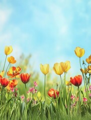 Obraz premium Brightly colored flowers in shades of yellow, orange, and pink adorn a thriving green meadow, creating a joyful spring atmosphere. Generative AI