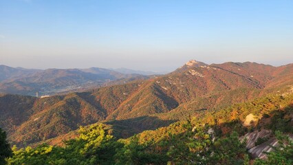 Fototapeta premium Autumn mountain landscapes in Korea. Korean autumn. Hiking in the mountains. Travel to Korea.
