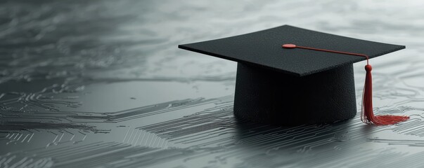 A black graduation cap rests on a reflective surface, symbolizing achievement and academic success.