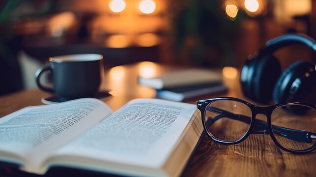 Cozy Study Space with Open Book, Coffee Mug, Glasses, and Headphones for Digital Learning Education