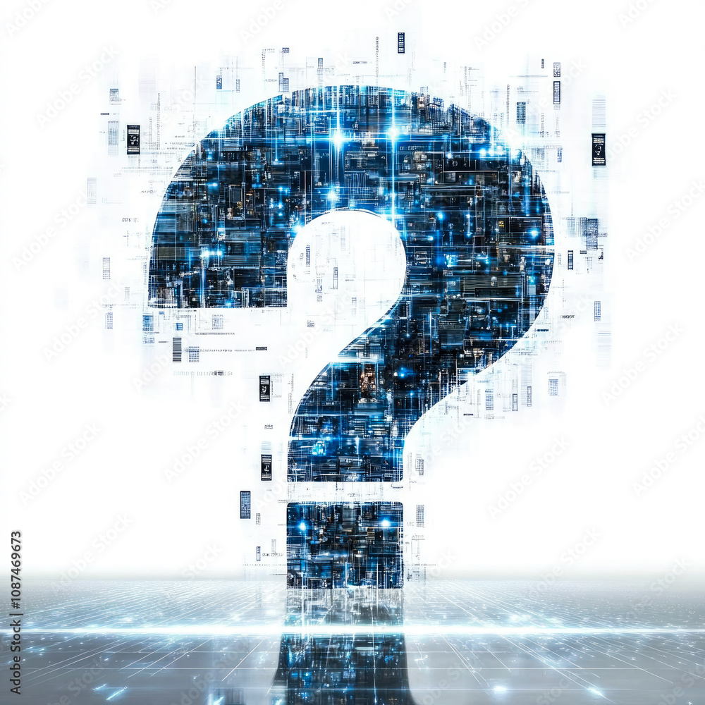 Poster a glowing digital question mark in blue hues stands surrounded by geometric patterns, symbolizing th