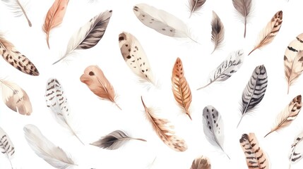 Watercolor Pattern of Brown and Grey Feathers Falling