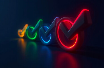 Four bright check marks illuminated in various colors are arranged in a row, creating a striking visual effect
