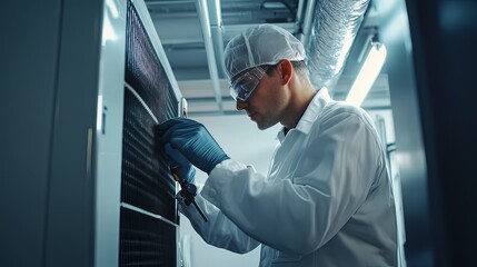 A technician in a professional uniform meticulously cleaning an air conditioning unit with specialized equipment.