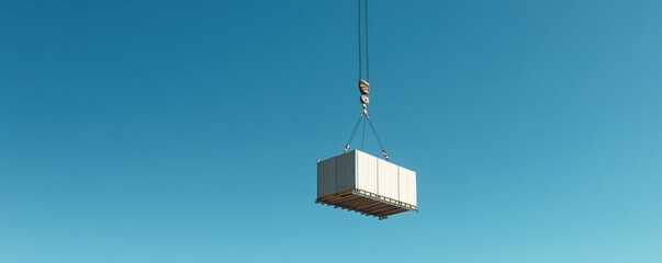 A container is being lifted high into the blue sky by a crane, showcasing industrial activity against a clear backdrop.