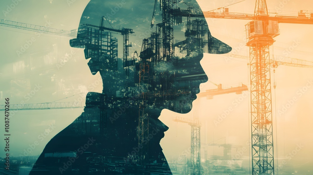 Poster Silhouette of a Construction Worker with Overlay of Construction Cranes Representing the Future of Urban Development and Architectural Innovation