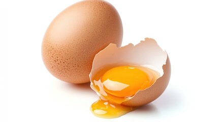 Brown egg with shell cracked open revealing bright yellow yolk.