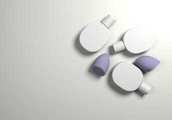 Beauty blender on gray background. Sponge and bottle for makeup, cosmetics products concept.